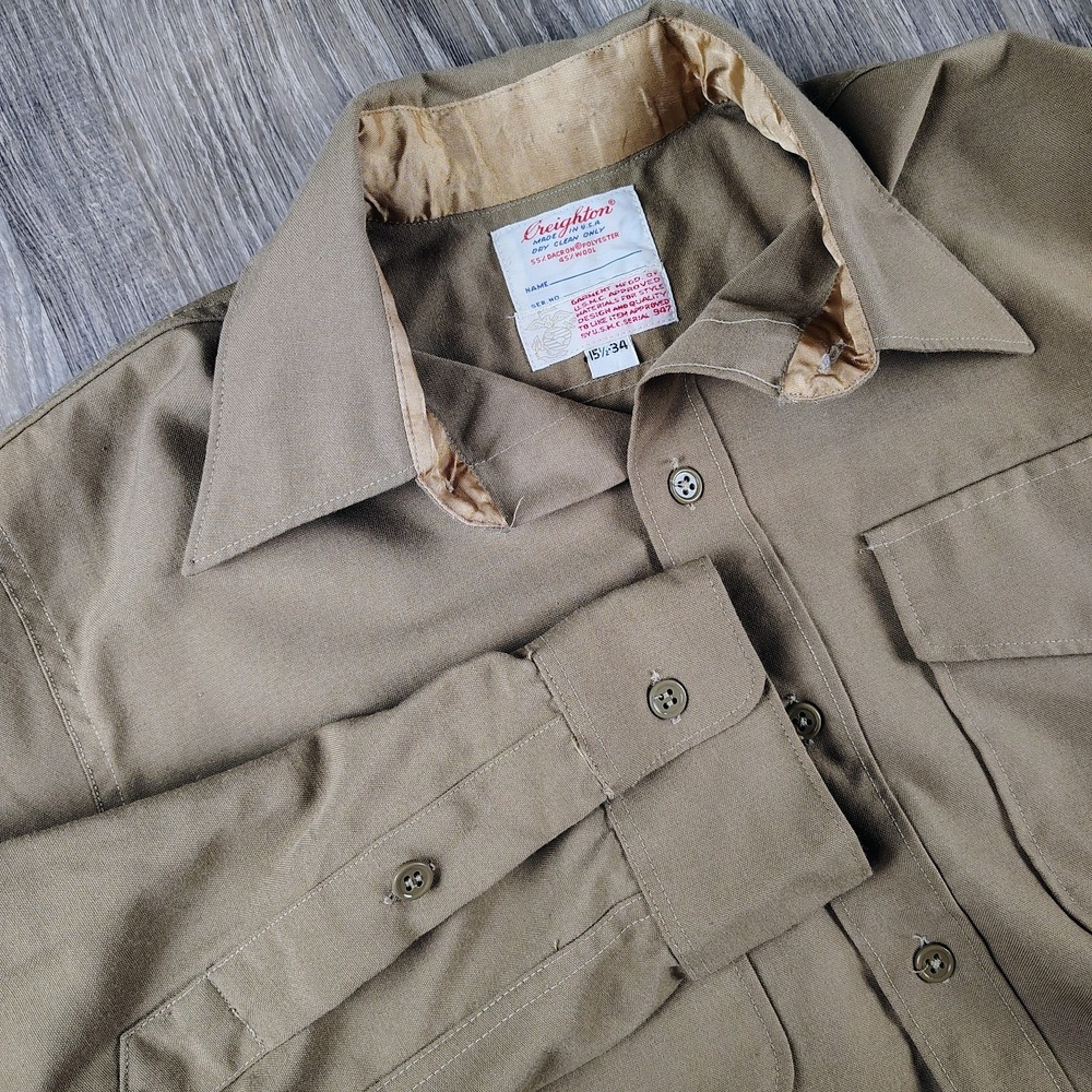 Creighton Shirt Mens 15.5/34 Wool Blend Button Up Long Sleeve USMC USA Dacron‎
